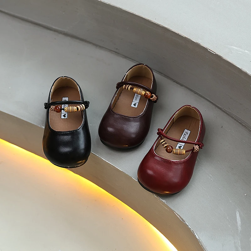 

Children's Leather Shoes Spring Autumn Party Shoes for Baby Girl Retro Beading Kids Causal Ballet Flat Shoes Soft Bottom Loafers