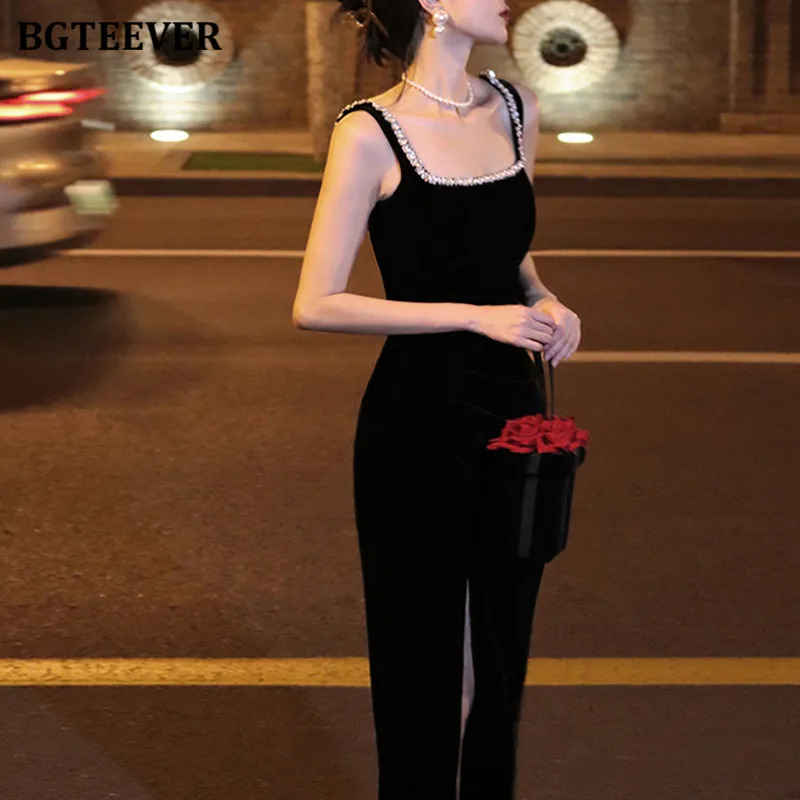 BGTEEVER Fashion Chic Ladies Slim Waist Bodycon Split Mid-Length Dress Elegant Spring Summer Female Sleeveless Velvet Dress