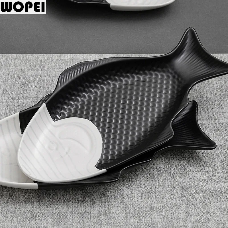 Black White Ceramic Fish Plate Creative Steamed Fish Plate Dessert Plate Serving Plates Restaurant Molecular Cuisine Tableware