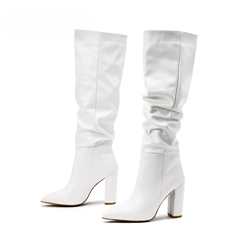 Size 35-42 White Pleated Leather Long Boots Women Autumn Winter Chunky Heels Motorcycle Knee High Shoes Botas Largas Mujer