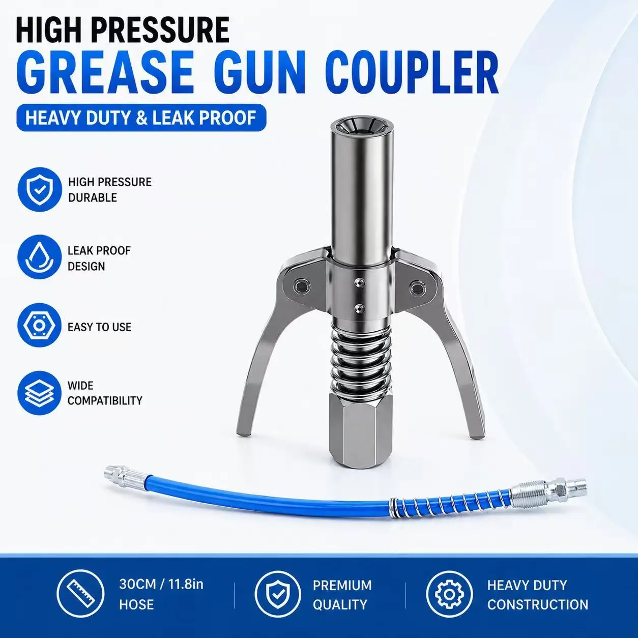 

10000 PSI Grease Tool Coupler Heavy-Duty Quick Lock and Release Double Handle Stainless Steel NPTI/8 Leak-Free Grease Tool Tip