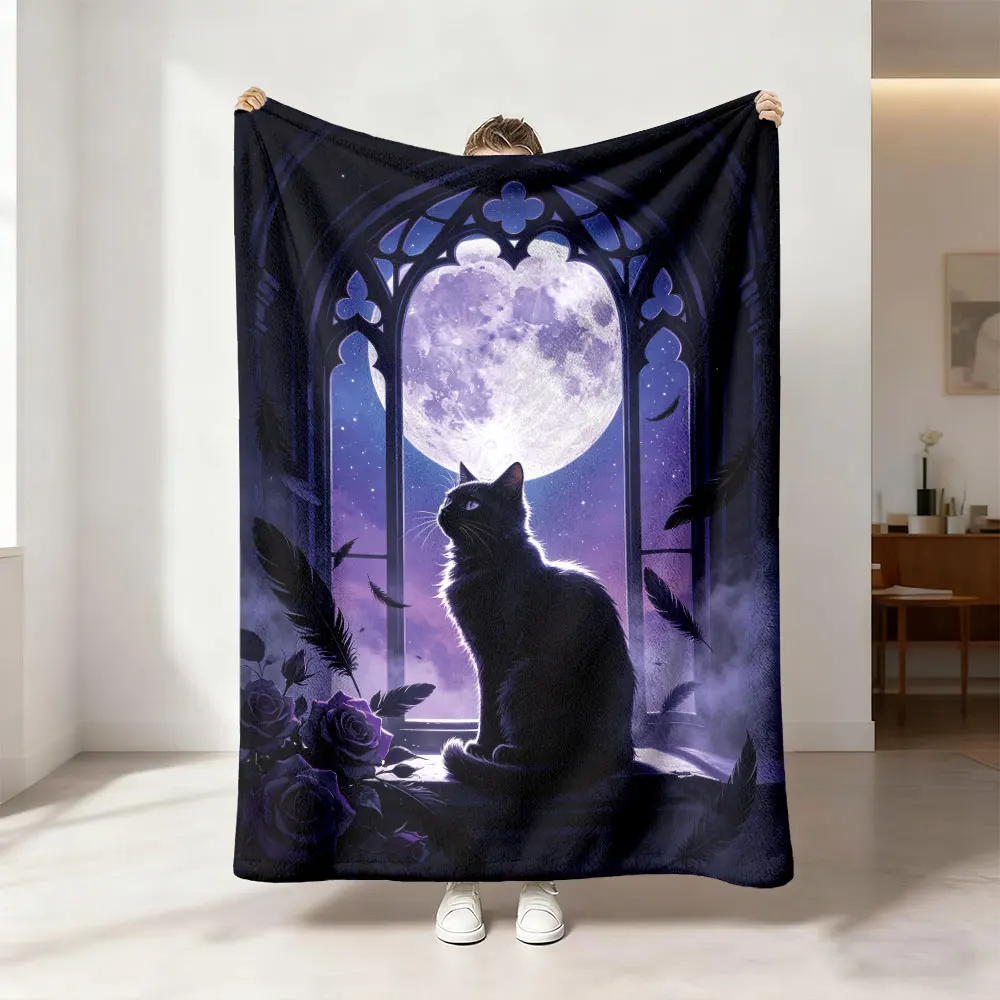 1Pc Gothic Moonlit Night Black Cat Purple Rose Flannel Blanket Multi Sizes Soft Light Throw For Sofa Lounging Office Rest Nap