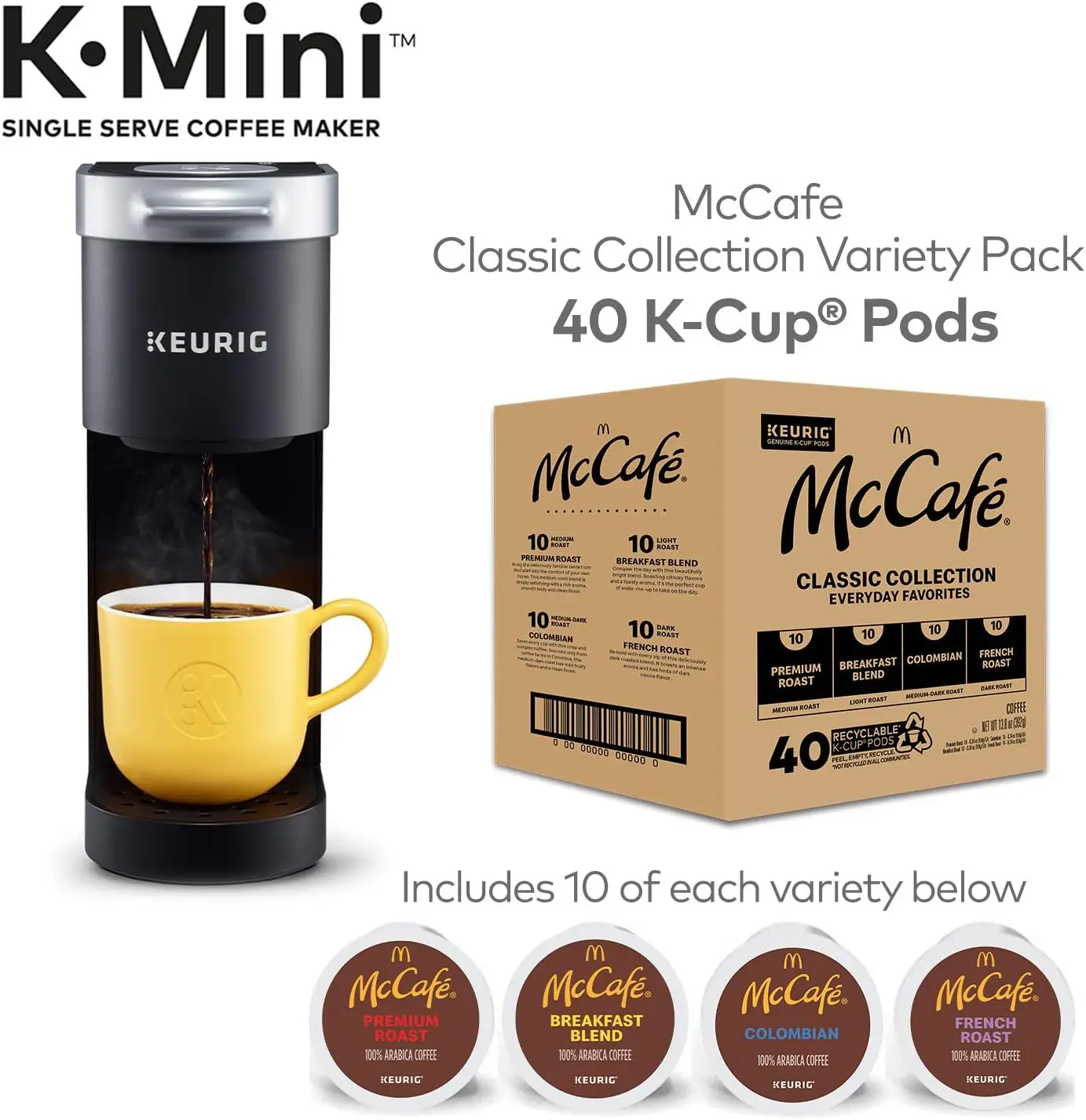 K-Mini Coffee Maker, Single Serve K-Cup Pod Coffee Brewer, Black with McCafe Classic Collection Variety Pack K-Cup Coffee Pods,