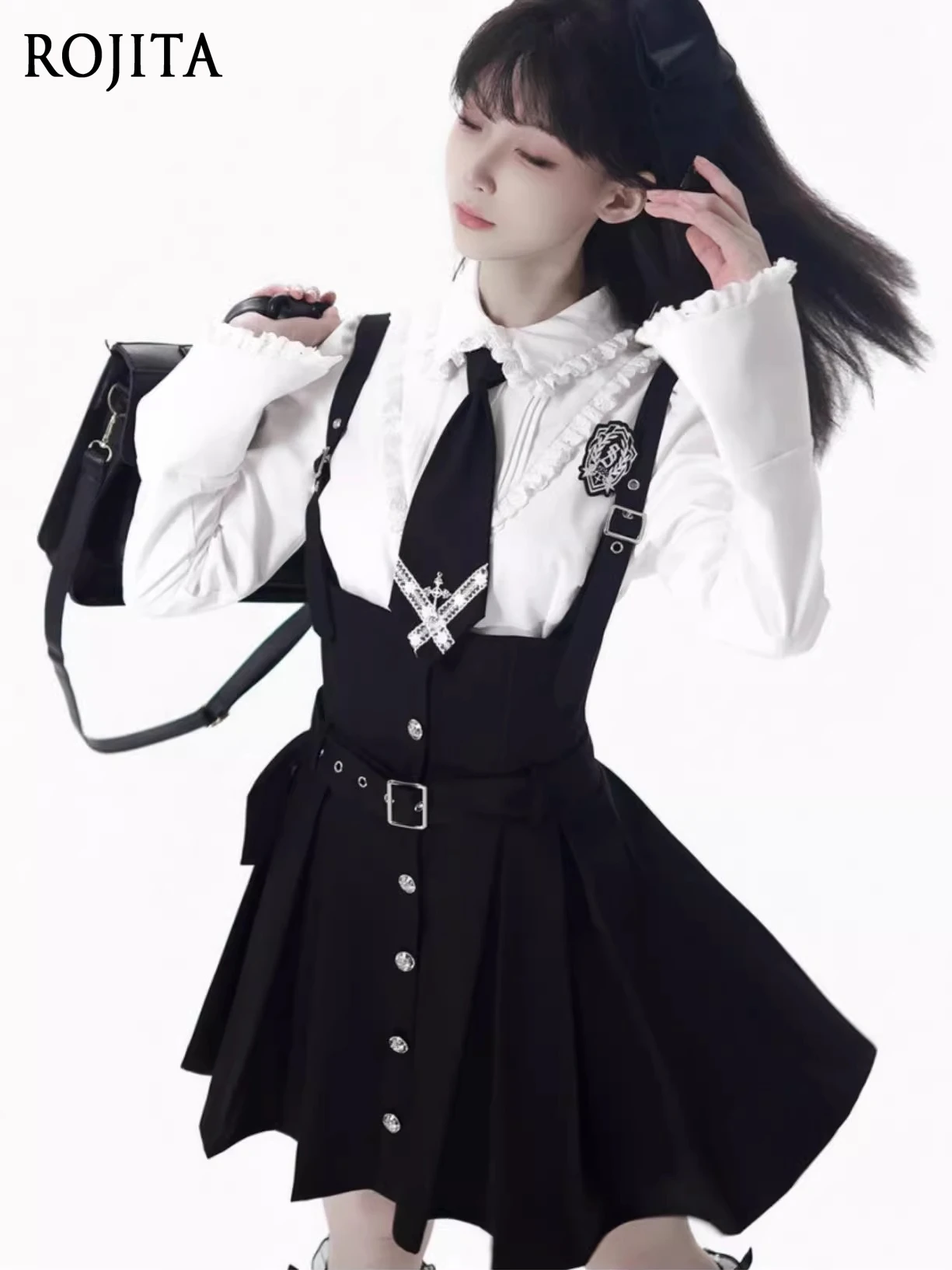 

Костюм с застежкой на талии в студенческом стиле, белая рубашка, черный, серый, юбка на бретелях, утягивающий костюм для женщин, женский пиджак, комплекты с юбкой