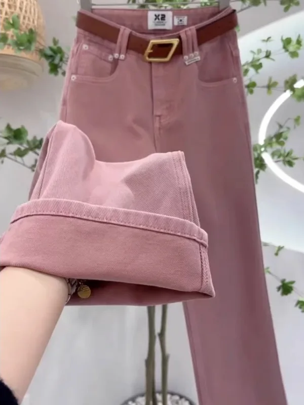 

High Waist Straight Leg Jeans Women's Spring Autumn 2025 New Loose Small Size Dir Pink Nine Point Wide Leg Pants