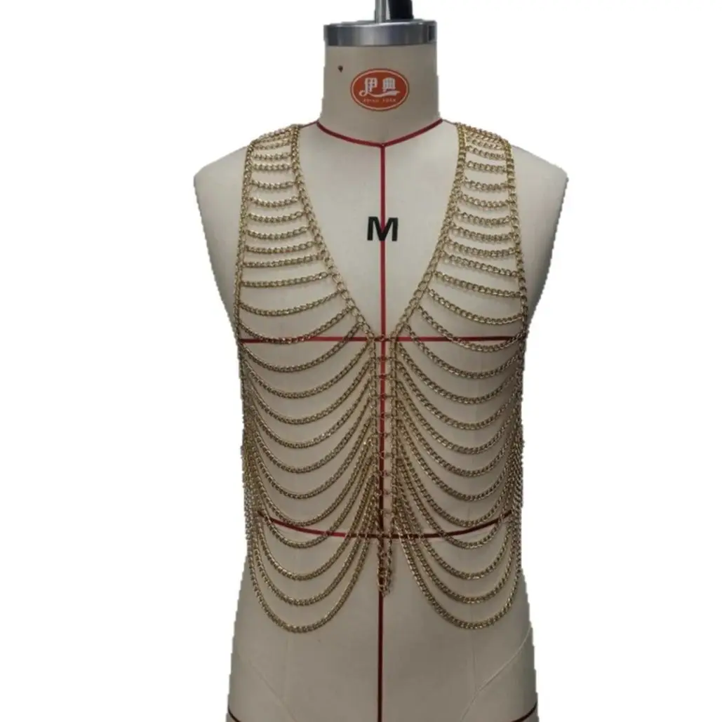 Nieuwe metalen ketting Fringe Body Chain herenvest Stijlvol en sexy meerlaagse borstketting Top Nachtclub Party Outfit