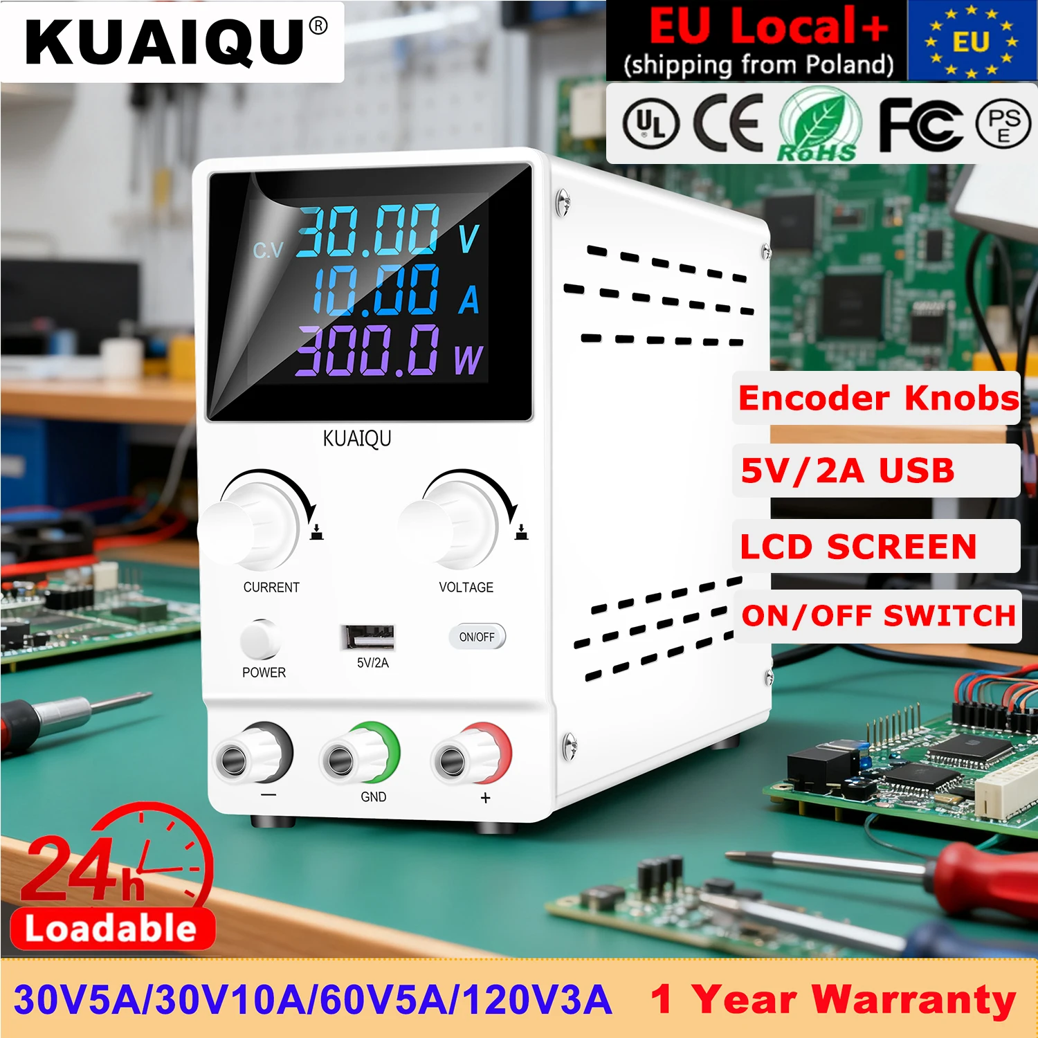 KUAIQU 30V 10A Labor-Netzteil Einstellbares 30V 5A/60V 5A/120V 3A Tischnetzteil USB-Anschluss EIN/AUS-Schalter Encoder-Drehknöpfe