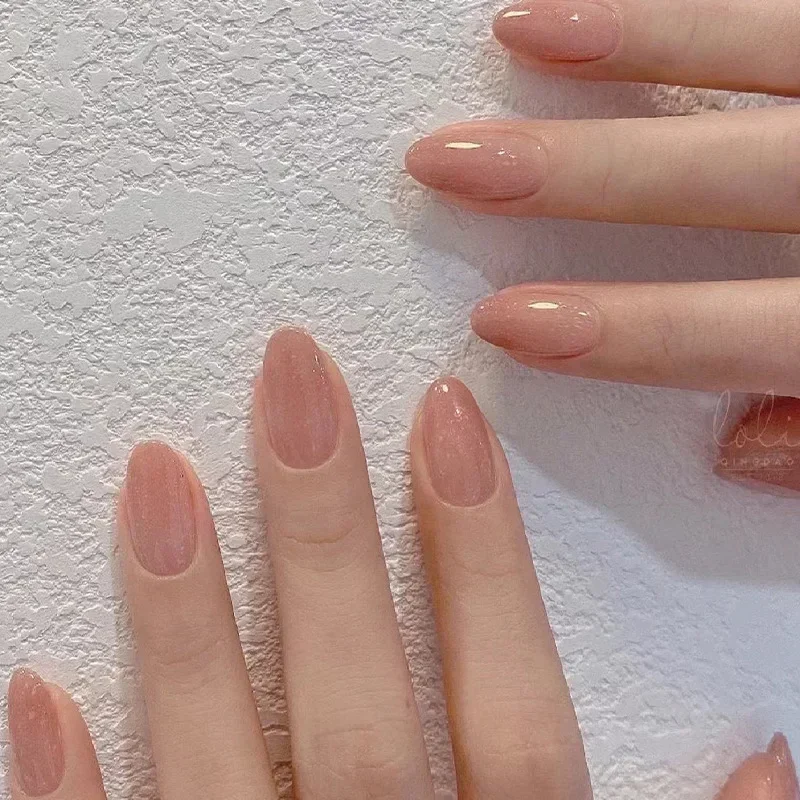 24 pezzi di mandorle corte Nude Pink Gradation unghie finte con Design francese Glitter unghie finte testa tonda stampa sulle unghie punte per Manicure