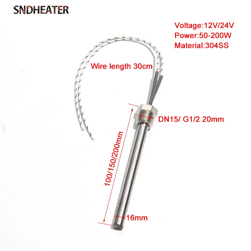 SNDHEATER 1pc 20mm/DN15 G1/2 Thread Cartridge Heater DC Low-power 50-200W Electric Heating Tube Single-ended Heating Tube 12/24V