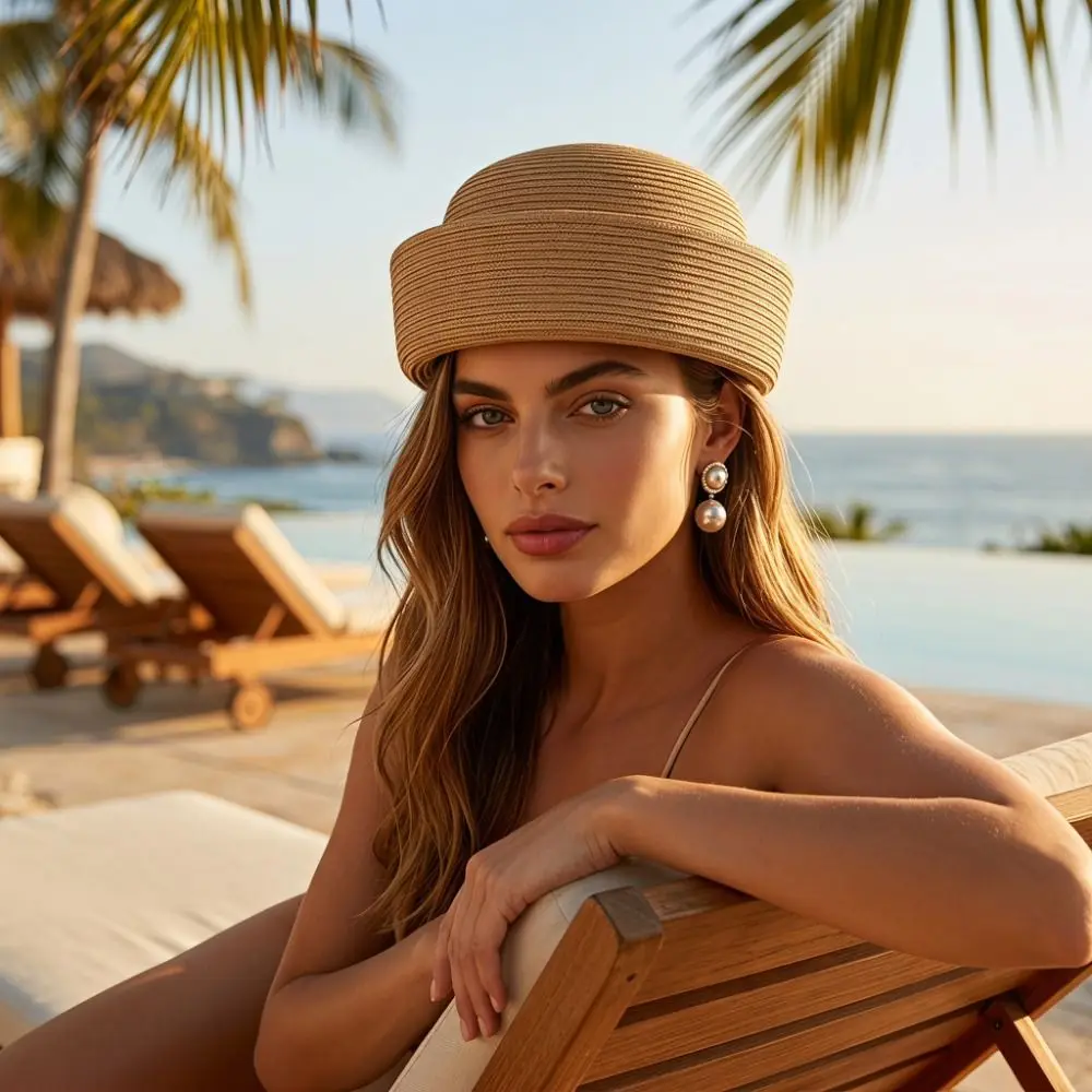 Women Elegant Straw Pillbox Hat Weave Classic Fedora Hat Handmade Simple Medicine Box Hat Wedding Party