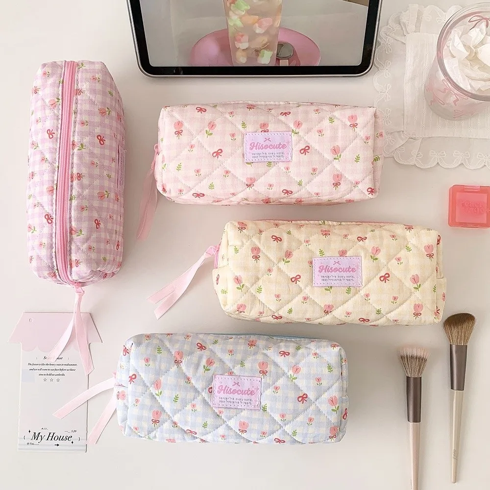 Floral Pattern Pencil Case Zipper Closure Wrist Strap Stationery Case Multi-Compartment Bow Pattern Zipper Pouch