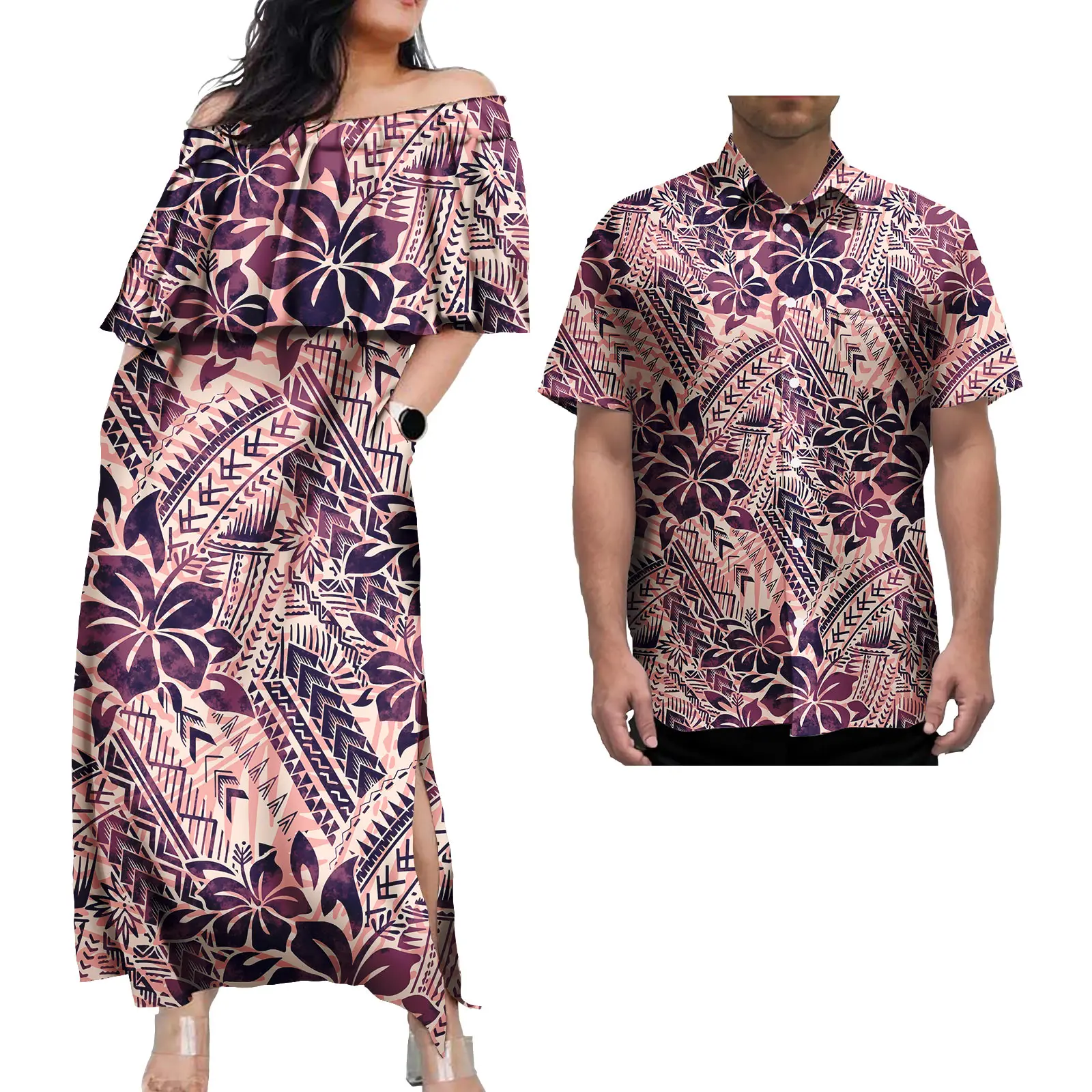 Abiti da coppia da sera Abiti casual con stampa tropicale tribale polinesiana e camicia da uomo Abito da coppia Abiti da coppia tribali eleganti