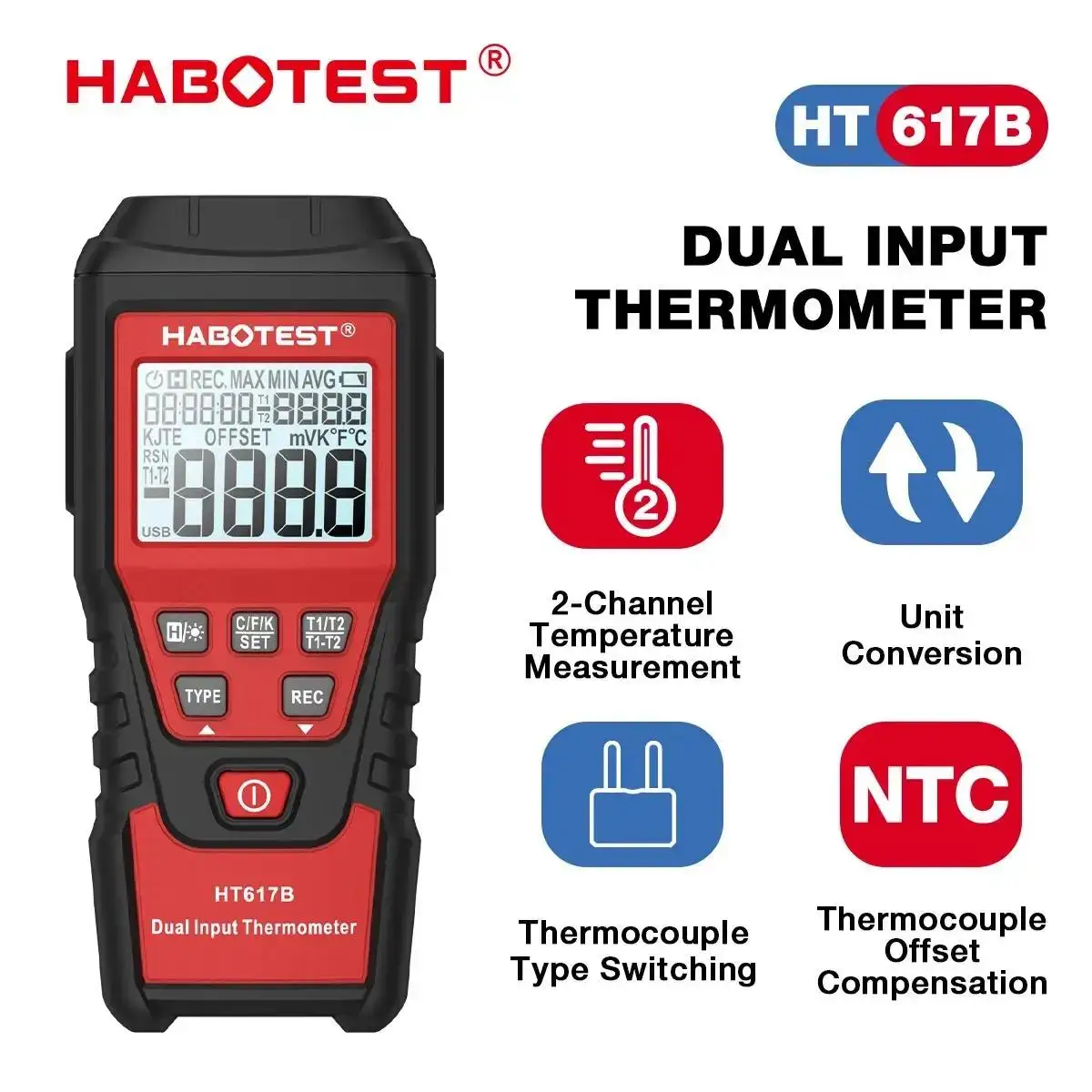 HABOTEST HT617B Thermocouple Probe Digital Thermometer Dual Channel Portable Temperature Tester Measures Liquid Temperature