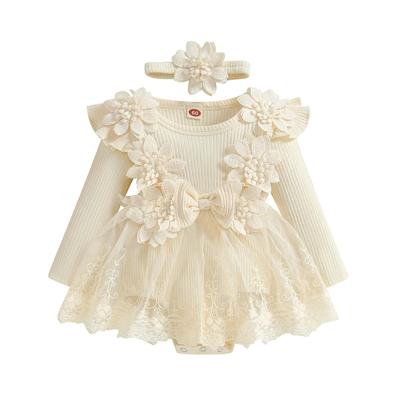 Infant Toddler Girl Romper Dress Newborn Baby Mesh Tull Dress Romper Flowers Lace Fall Winter Festival Clothes with Headband