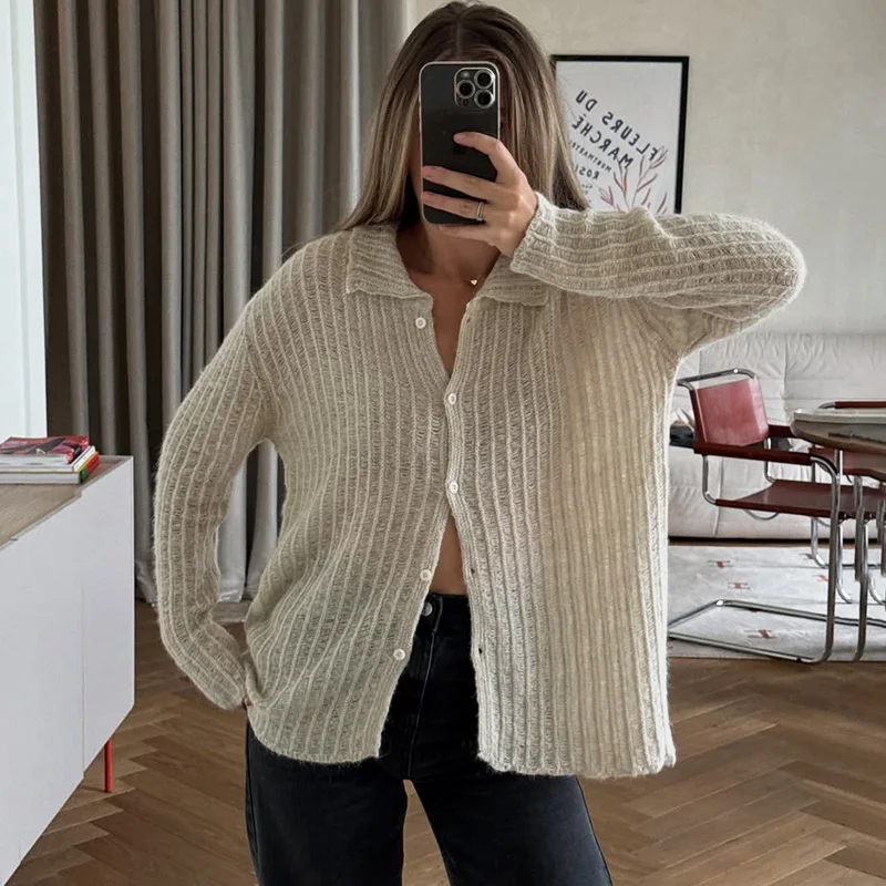 

Tuularose Fashion Lapel Knit Cardigan Women Solid Single Button Loose Cardigan Basic Casual Female Commuter Streetwear Sweaters