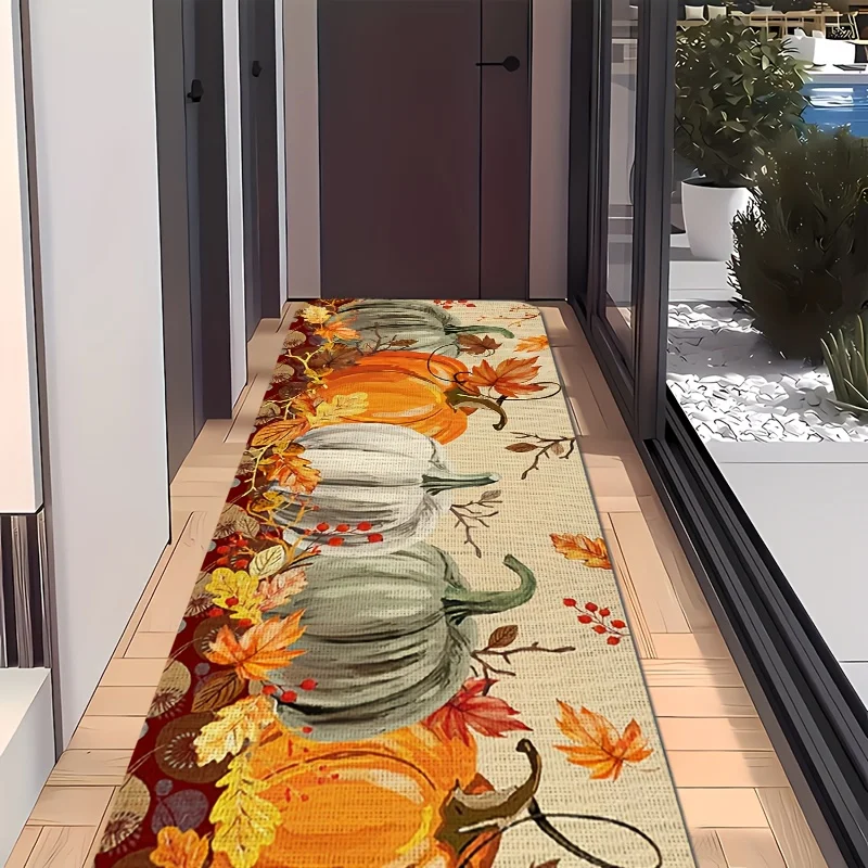 VIKAMA Autumn Harvest Pumpkin Hallway Runner Rug Red Berries Maple Leaf Non‑slip Floor Mat For Home Holiday Decoration Rug