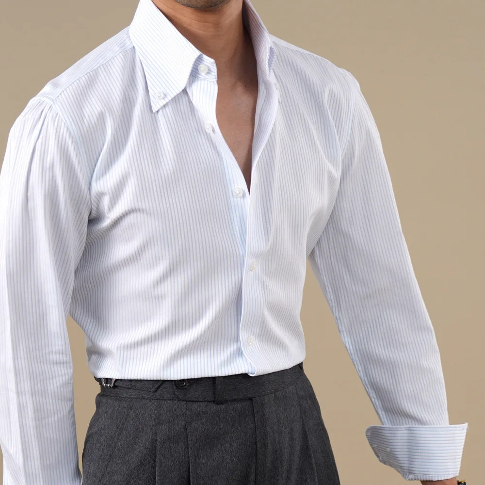 White Shirt Waterfall Sleeves Cotton Blend Men's Long-sleeved Shirt With A Pointed Collar Striped Design Suitable For Business