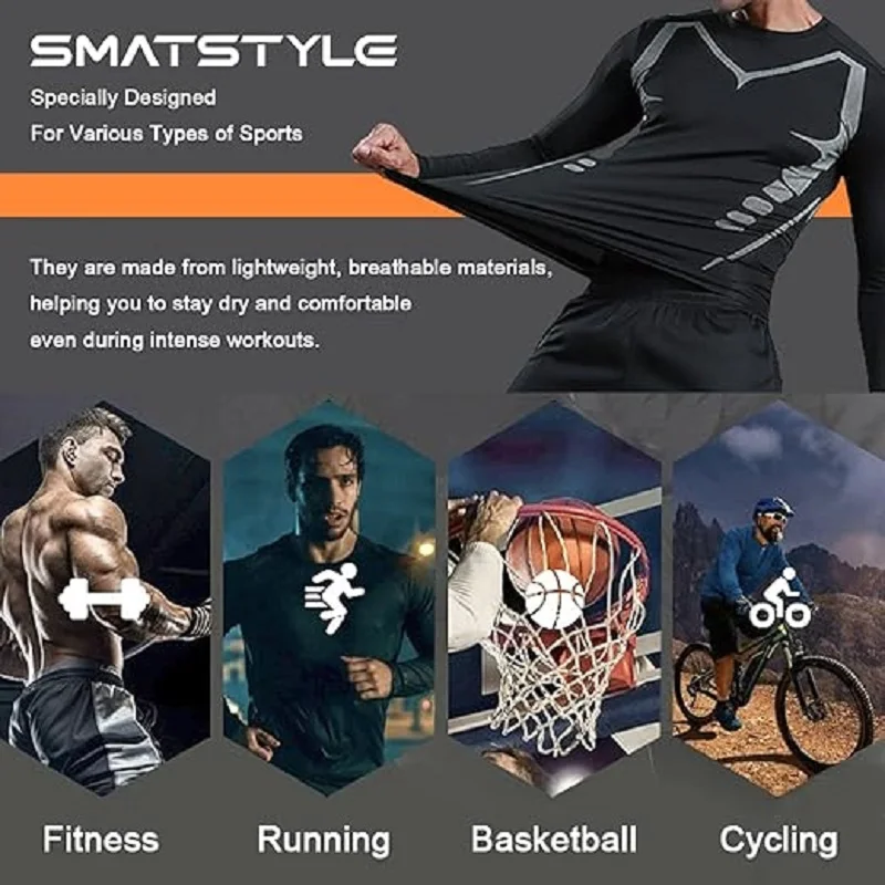 Men's Long Sleeve Compression T‑Shirt Quick Dry Moisture Wicking Fitness Tight Sport Top for Gym Running Jogging Training Sports