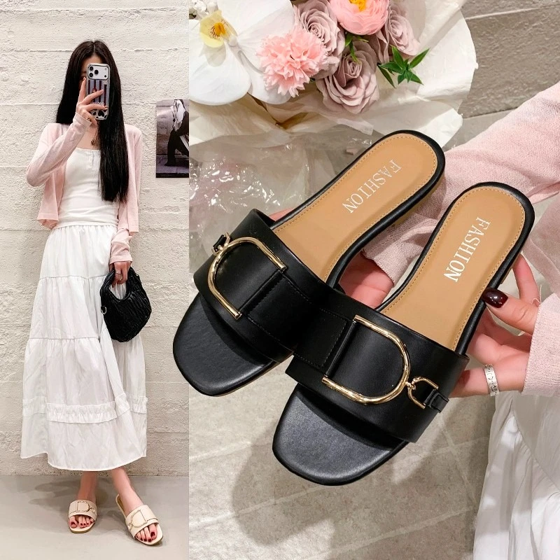 New Style Fashionable Flat-soled Women's Slip-on Shoes with Solid Color Metal Fasteners and Square Toe Sandals