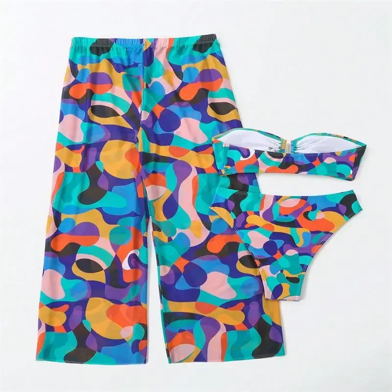 3-х предметный комплект бикини без бретелек с принтом, женский купальник с длинными брюками, женский купальный костюм, купальный костюм, пляжная одежда