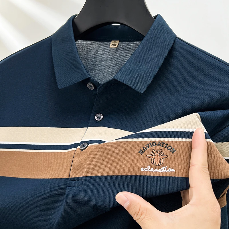 2024 Fashion Stripe Short sleeve T-shirt Men's Summer Silk Cotton Breathable Top Brand Spider Embroidery Leisure POLO Shirt