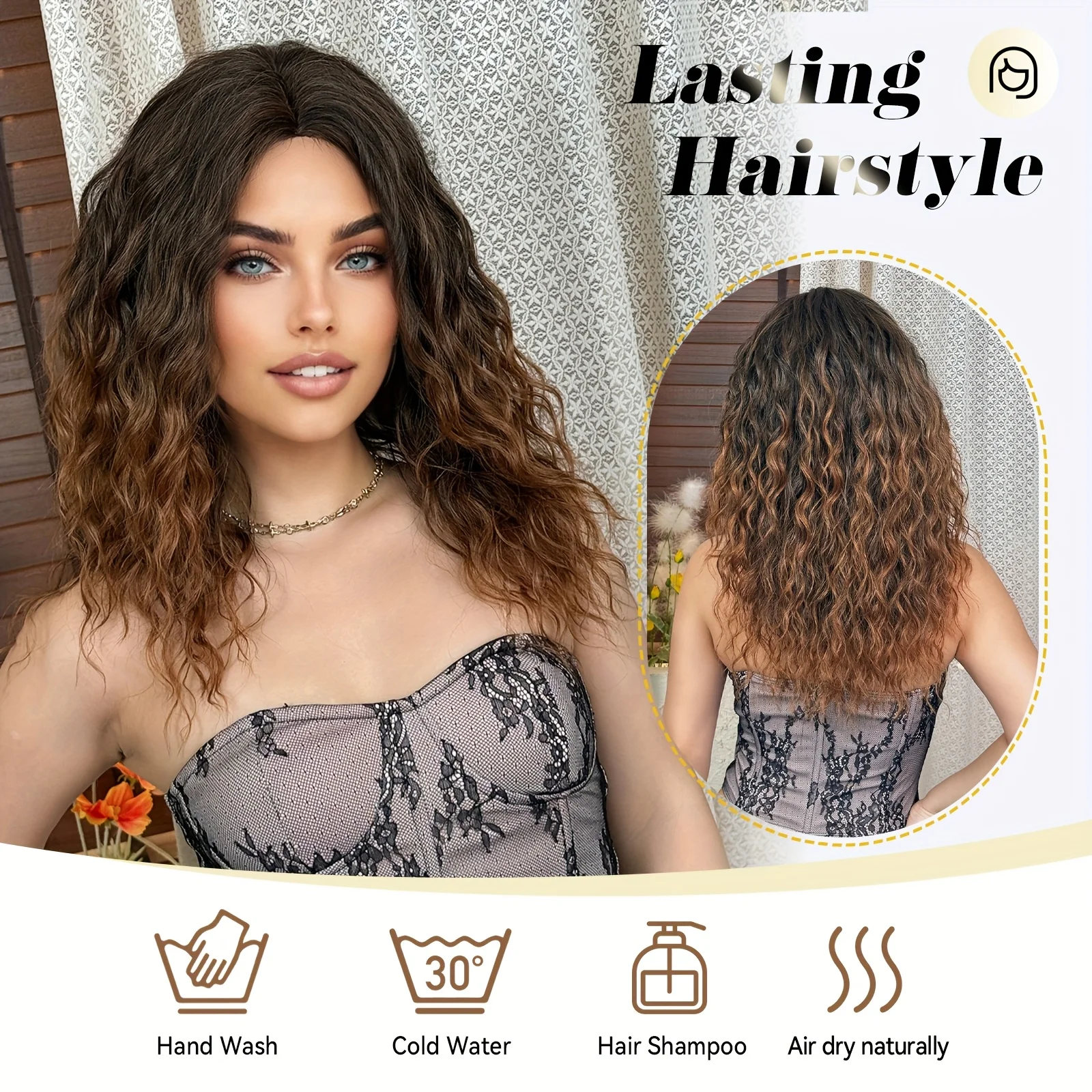 20-inch Golden Brown Gradient Long Curly Wigs for Women, Trim-able, Suitable for Daily Work, Dates, Music Festivals