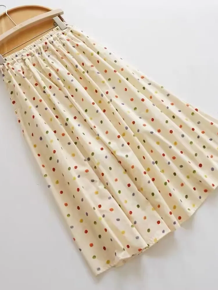 

Юбка миди А-силуэта из хлопка в горошек, женская, с завышенной талией, стройнящая, молодежная, повседневная, летняя, средней длины