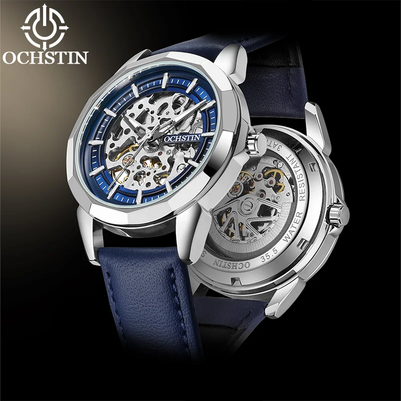 OCHSTIN Man Classic Genuine Leather Strap Master Skeleton Mechanical Movement Watch Men's Waterproof Business Luxury Clock