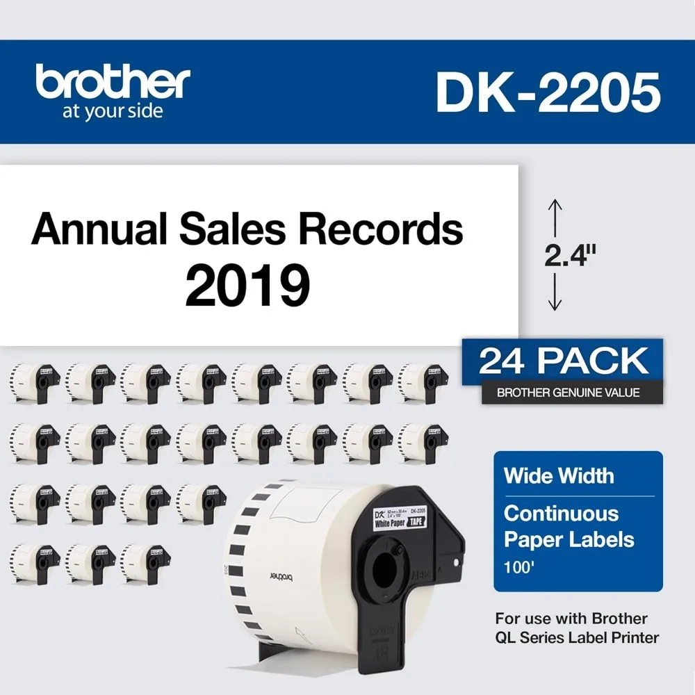 Brother DK-22053PK Rotoli per etichette in carta continua bianca, 2,4 x 100 piedi, confezione da 3