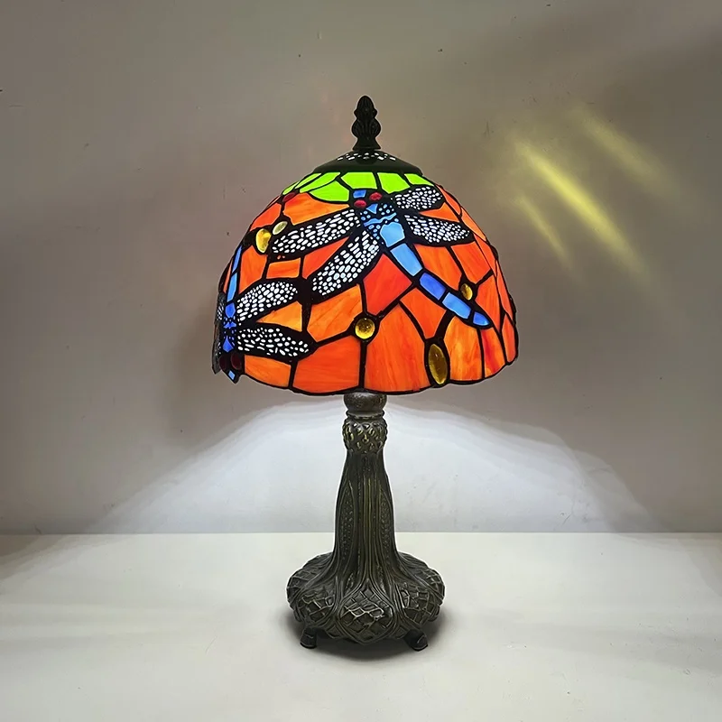 8-Inch Handmade Tiffany Stained Glass Blue Dragonfly Vintage Shade Table Lamp for Home Decor
