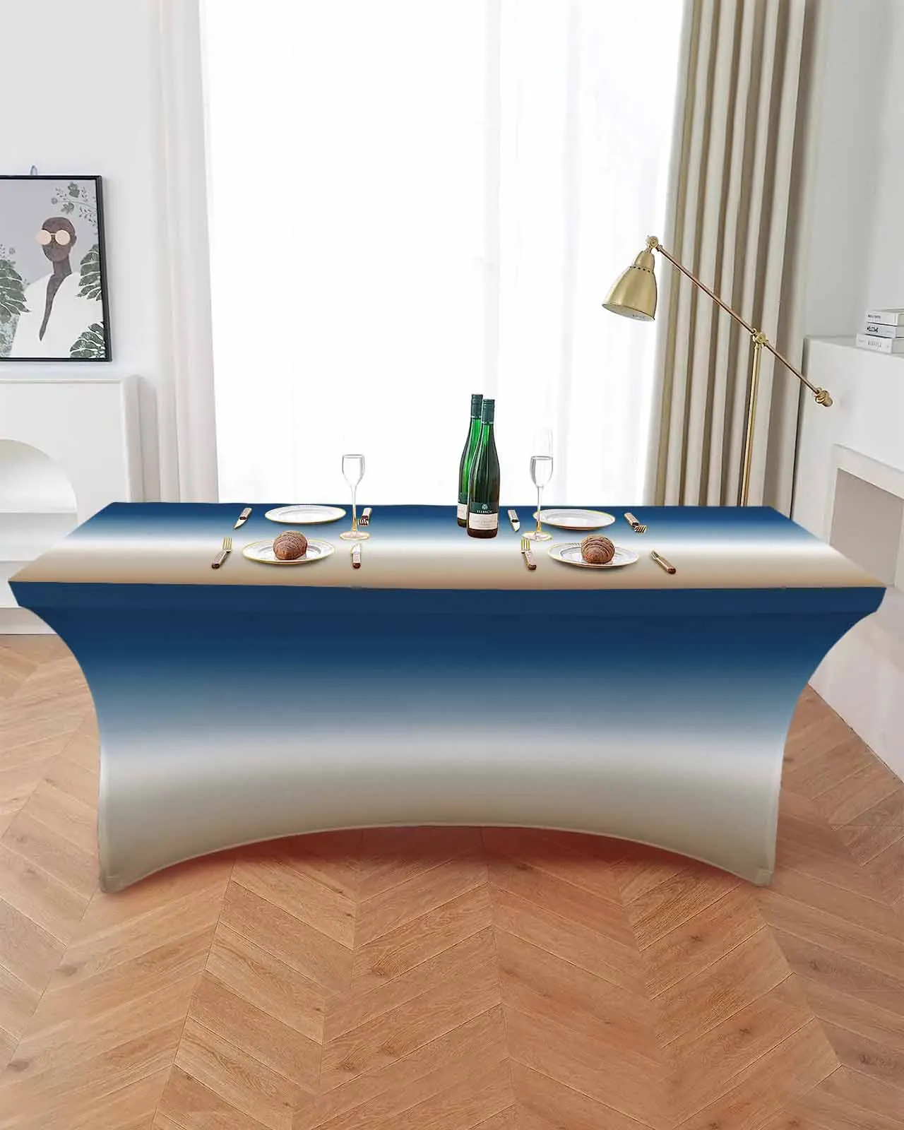 Blue Khaki Gradient Elastic Table Skirt Wedding Hotel Birthday Table Cover Buffet Table Tablecloth Decor