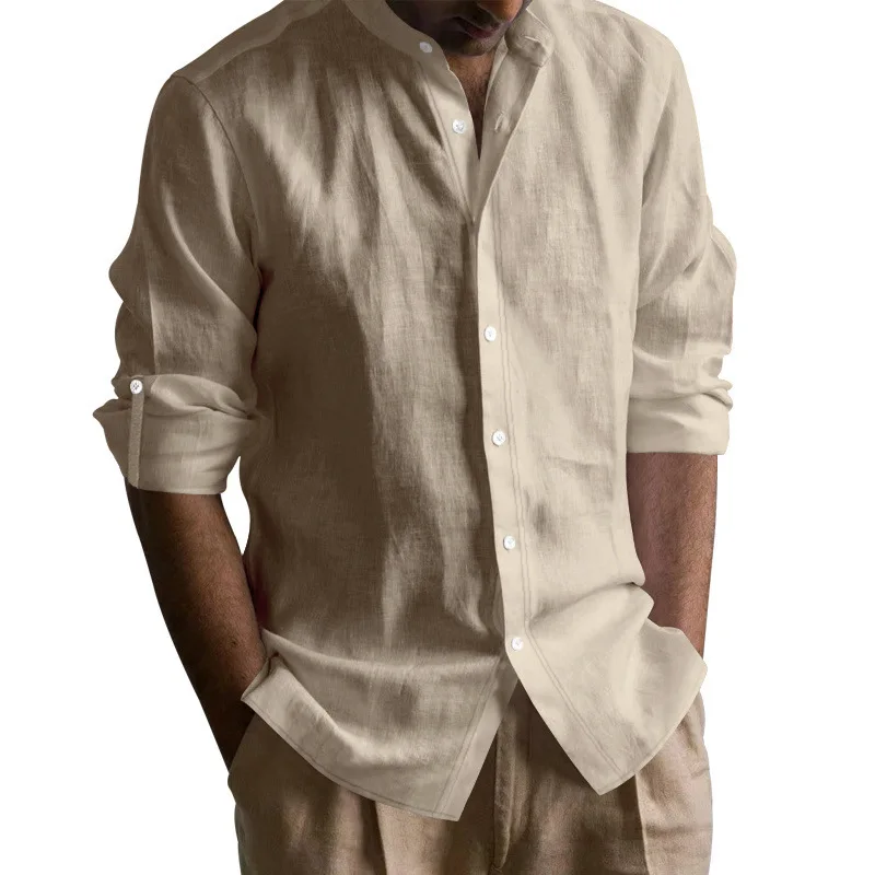 

Men's Cotton and Linen Long Sleeve Button Shirt Large Size Henry Neck Linen Shirt Men Shirt Blouses Shirts for Men Men Shirt