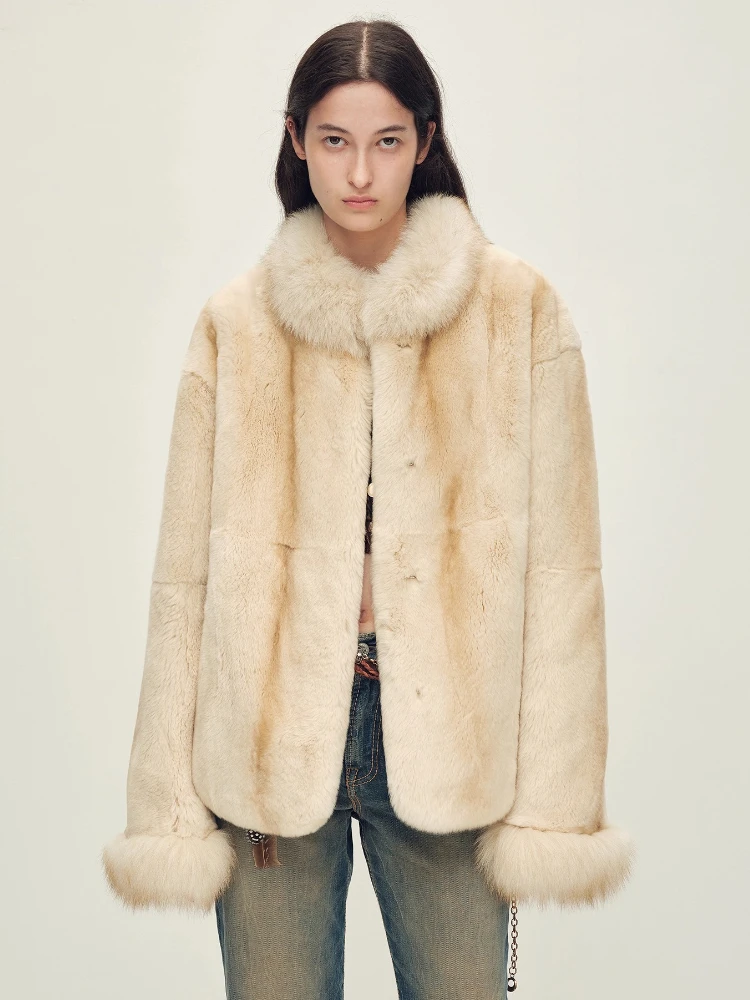 

High-end Luxury Rabbit Fur Short Winter Jackets for Women 2026 New Simple Gradient Color Natural Fox Fur Collar Real Fur Coat