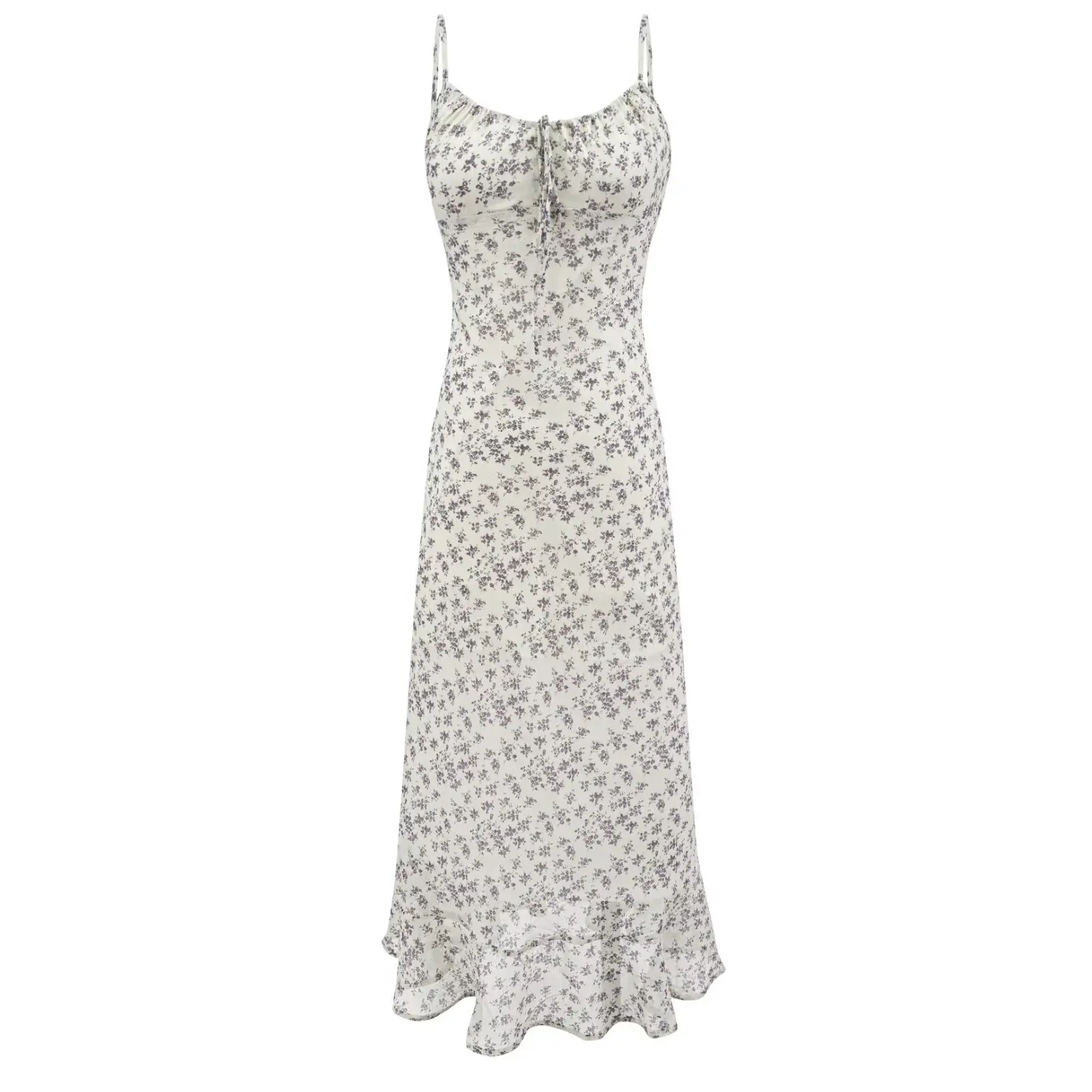 2026 Retro French style Women Floral Print Drawstring Tie Bow V Neck Sling Dress Slim Waist Midi Chiffon Dresses Summer Robe