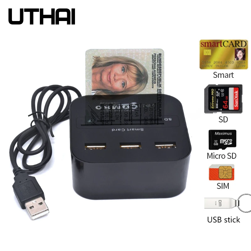 UTHAI X03 Smart Tax Return USB 2.0 Bank ID Card Smart Card Reader CACDATM IC SIM SD TF 3 Ports HUB for Windows 7 8 10 Linux OS