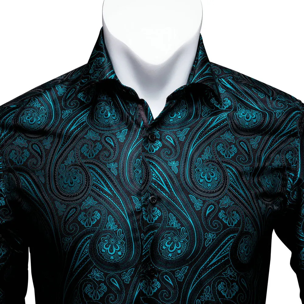 Barry.Wang Teal Paisley Floral Silk Shirts Men Autumn Long Sleeve Casual Flower Shirts For Men Designer Fit Dress Shirt BCY-05