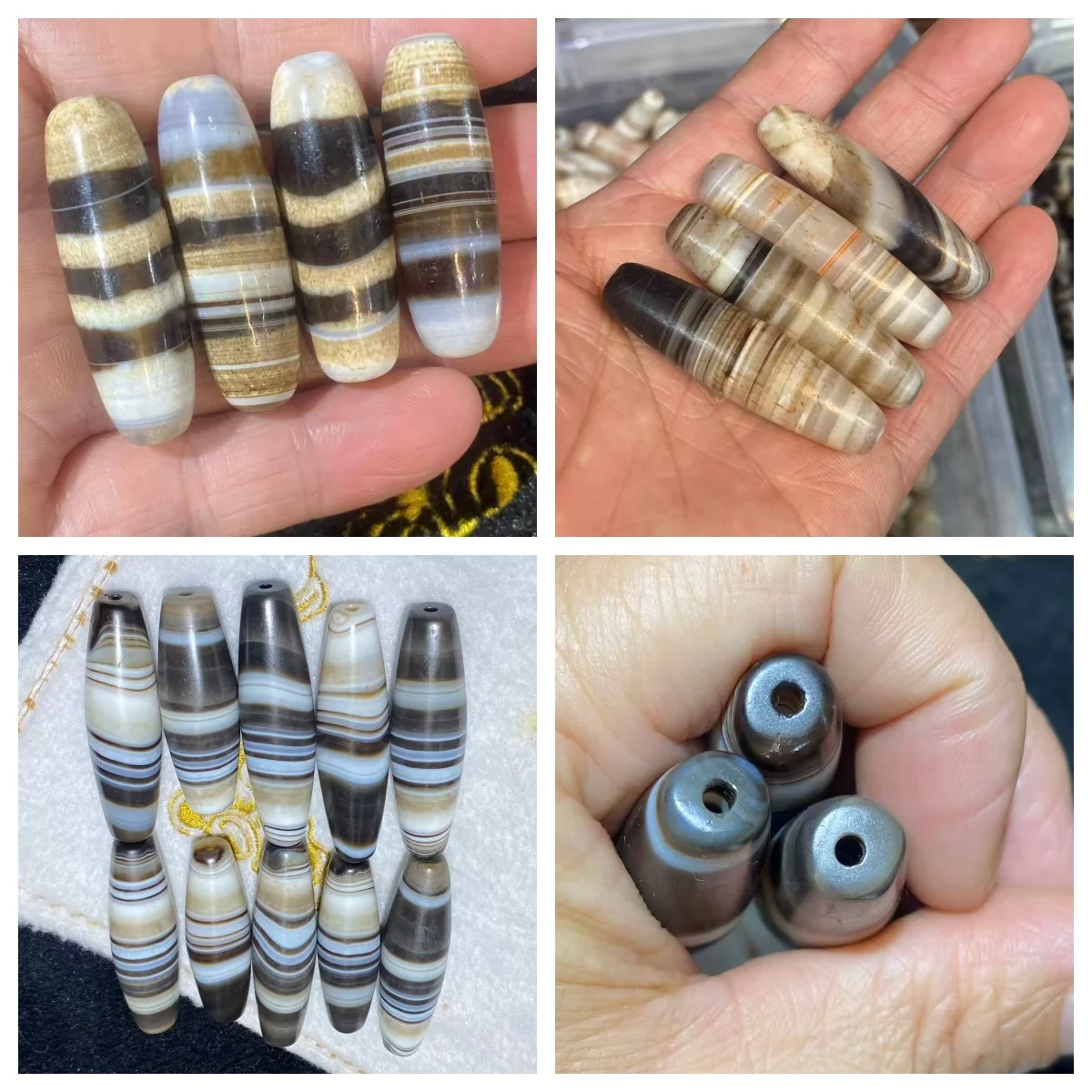 

Бусины Дзи из полосатого агата: белая основа, белый верх, текстура, напоминающая нефрит, состаренный кальцифицированный материал, специальная перфорация.