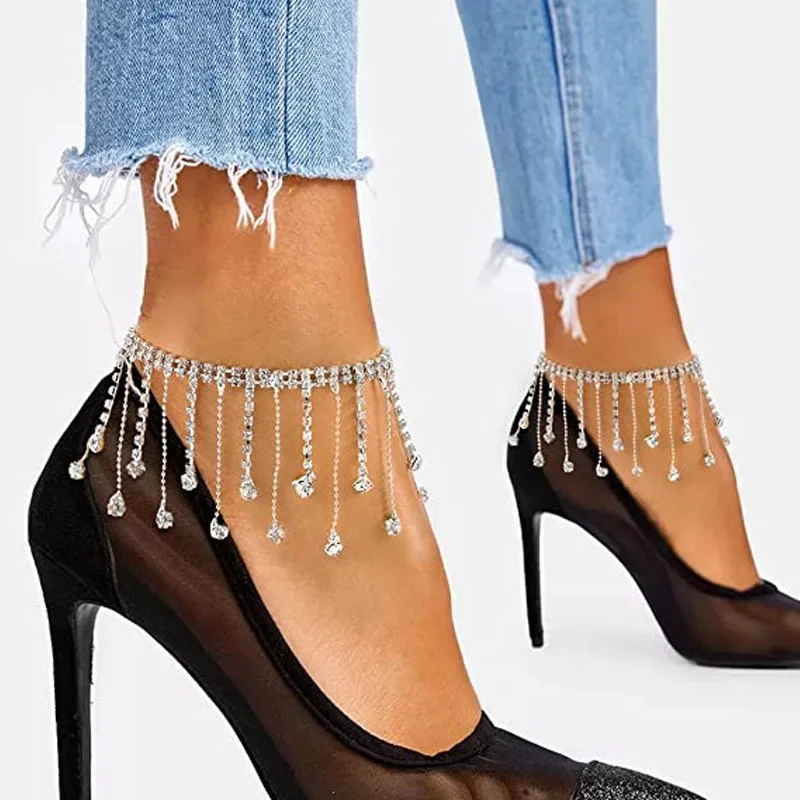 2pcs Boho Rhinestone Ankle Bracelet on leg Foot Jewelry for Women Drop Crystal Tassel Anklet High Heeled Tennis Foot Chain