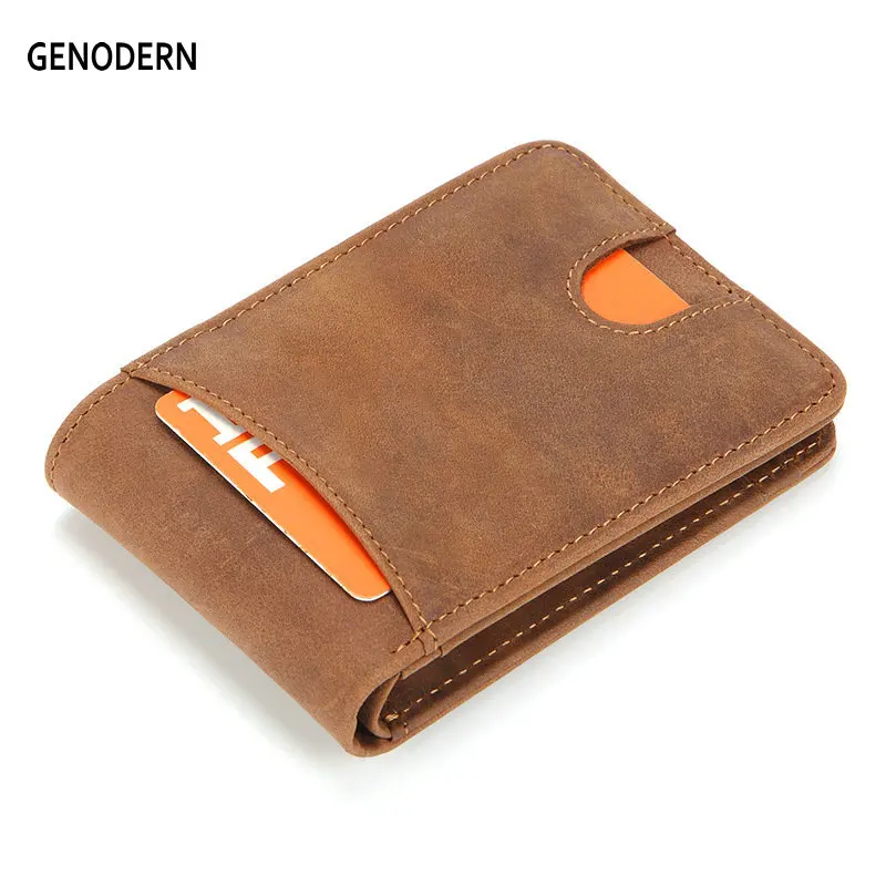 GENODERN Slim Wallets for Men Crazy Horse Cow Leather Short Mini Men Wallet Thin Male Purse