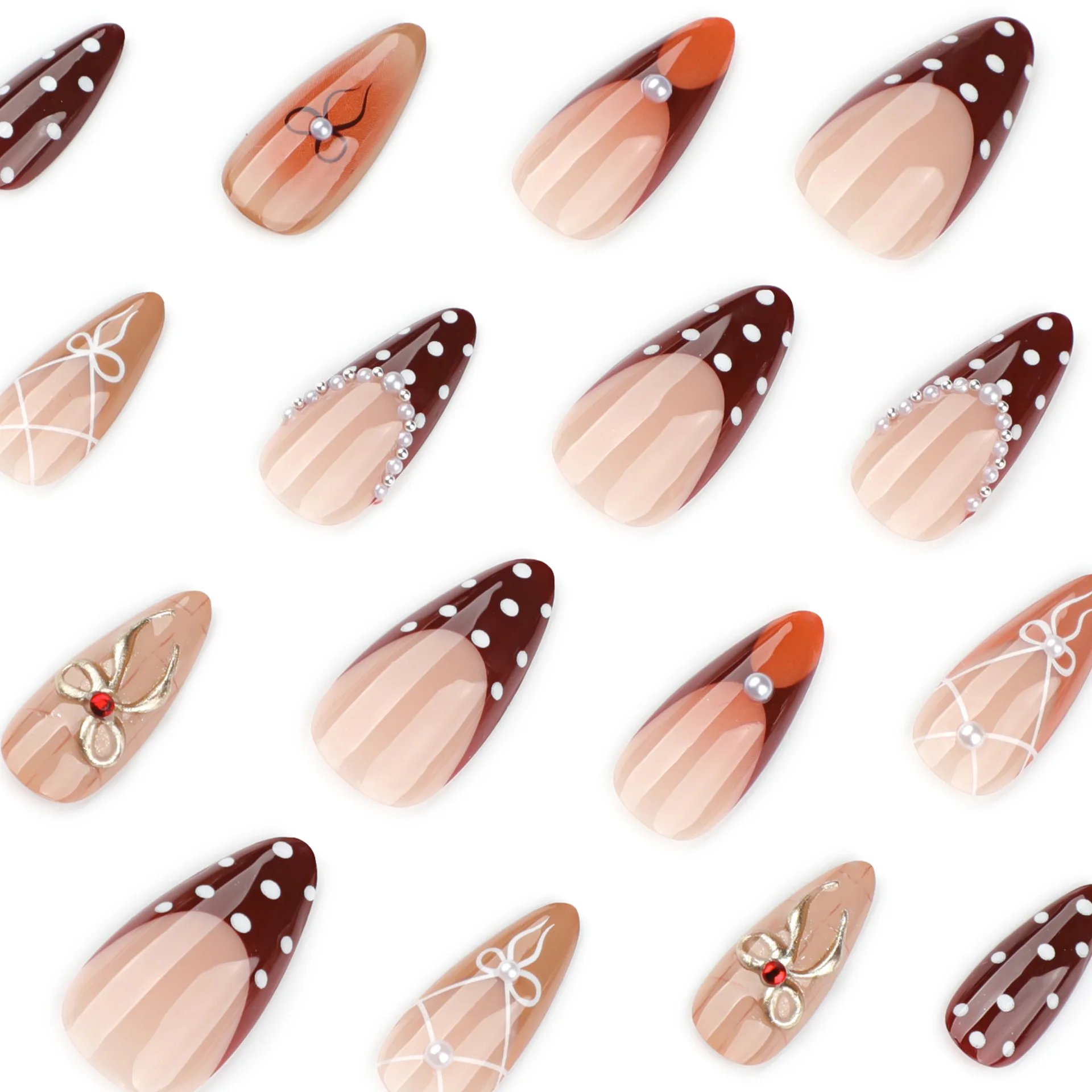 24 قطعة اللوز البني خمر الأظافر وهمية الأبيض موجة نقطة النمط الفرنسي يمكن ارتداؤها الأظافر كاذبة تلطيخ الانحناء فتاة حار اضغط على الأظافر #3
