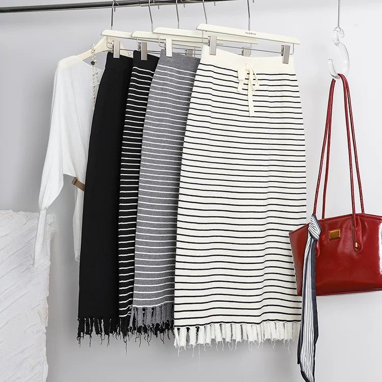 

Юбка миди в полоску с высокой талией и кисточками, женская осенне-зимняя качественная вязаная расклешенная юбка Ci Commute Sle, прямая юбка