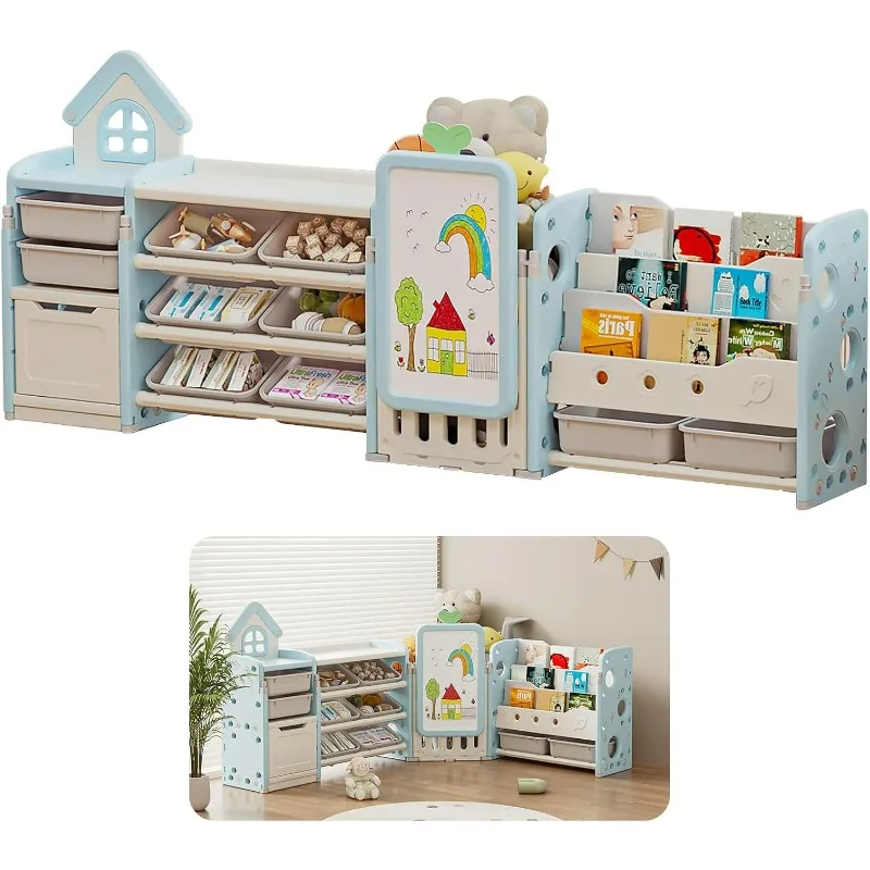 Kids 4 in 1 Toy Storage Organizer | Storage Cabinet w/3-Tier Bookshelf, Storage Rack & Drawing Board, Adjustable L Shaped