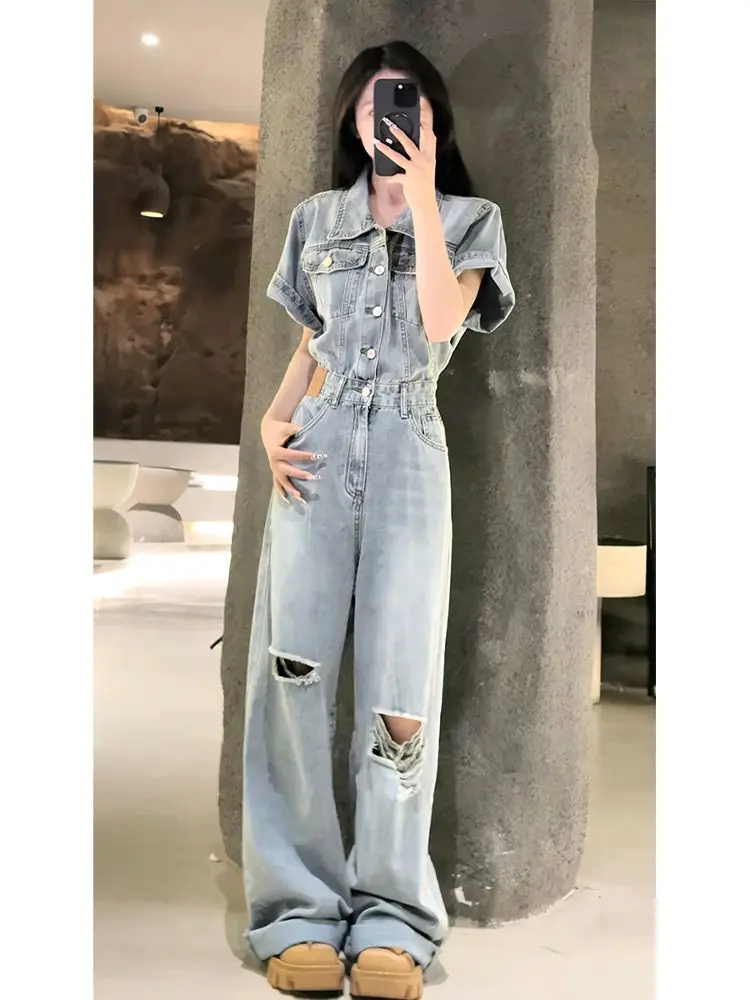 2026 Summer New Retro Temperament High-end Ripped Jeans Women's Trousers Washed and Old Jumpsuits