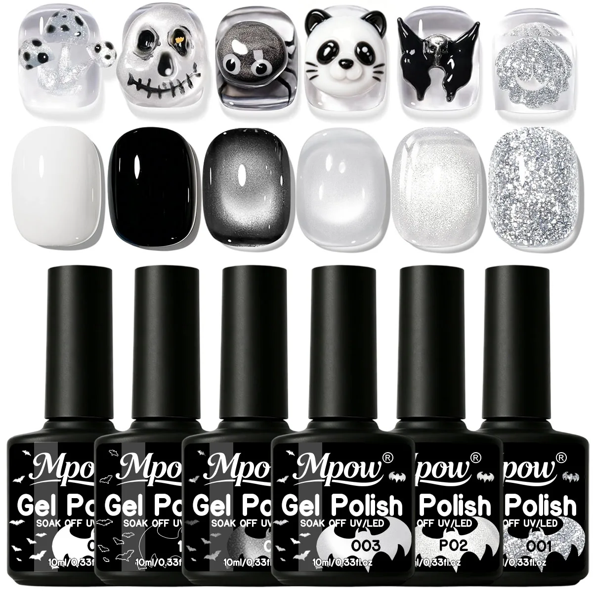 Mpow 1/6 Pcs Black White Nail Gel Set Minimalist Cat Eye Gel Shimmer Effect Soak Off UV LED Semi Permanent Nail Art Manicure Kit