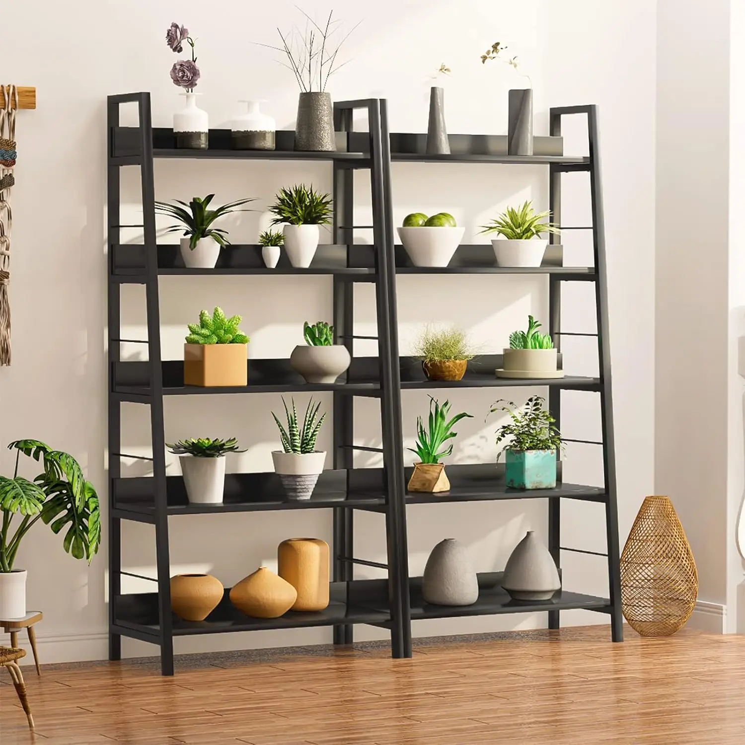 Black Ladder Bookshelf, 5 Shelf Bookcase Industrial Bookshelf Wood and Metal Bookshelves, Plant Flower Stand Rack Book Storage