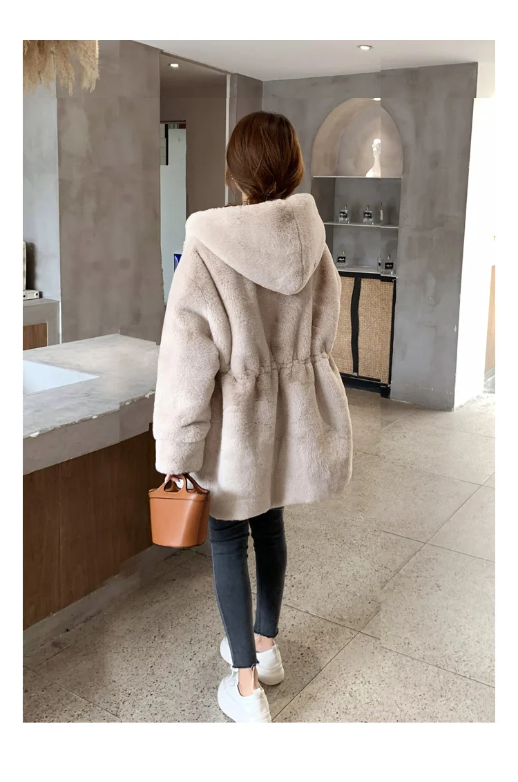 여성 인조 토끼털 코트 퍼리 아우터웨어 롱 오버코트 후드 롱 슬리브 오픈 스티치 두꺼운 재킷 Y2k 2025 가을 겨울