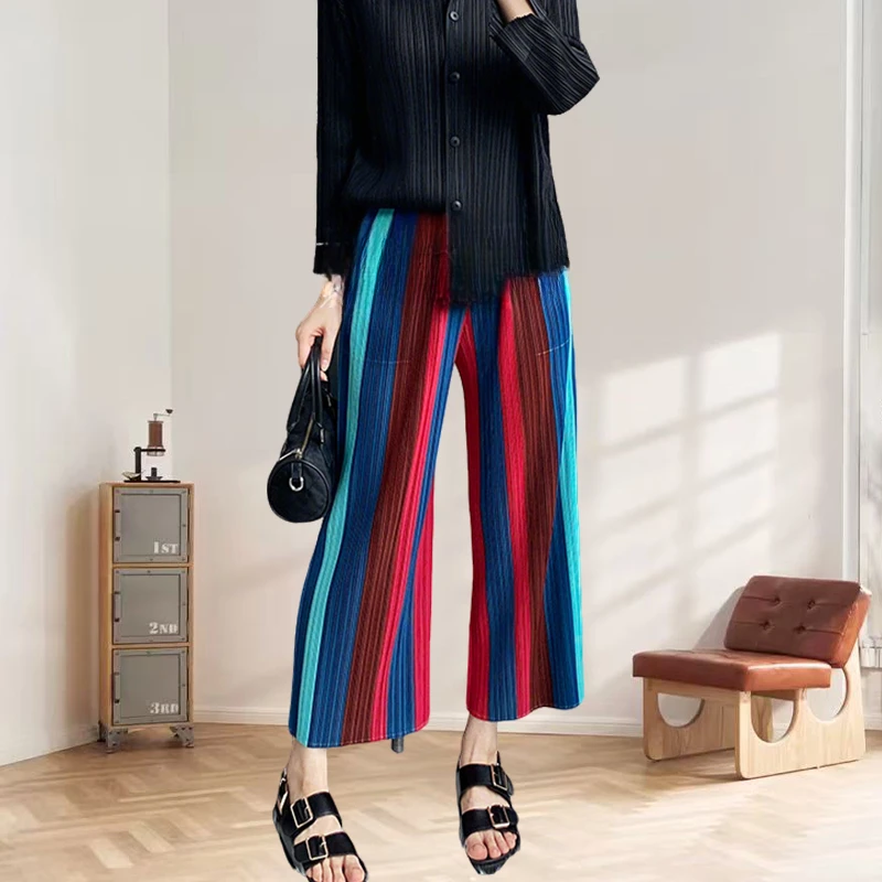 

Miyake Pleated Striped Printed Casual Trousers Fold Pants Oceanic Ageing Gradient Loose Pleat Wide Leg Straight Trousers