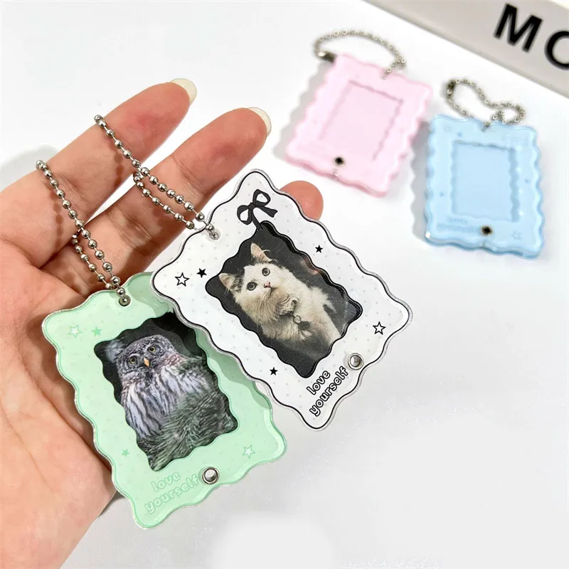 1 Inch Acrylic Photo Card Holder Pendant Cute Bow Star Wave Photo Clip Key Ring Bag Charm DIY Collectible Display Keychain Gift