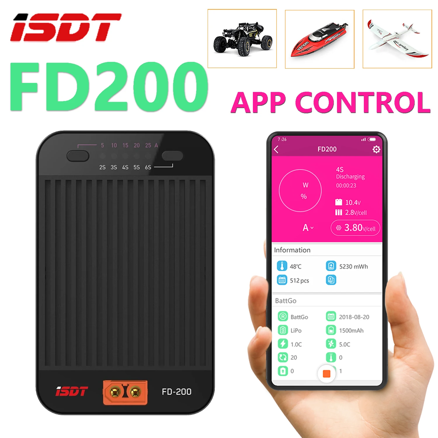 

ISDT FD-200 Smart Discharger 25A 200W Wireless APP Control 2-8S Lipo With LED Indicator Light for Remote Control Car Boat Drone