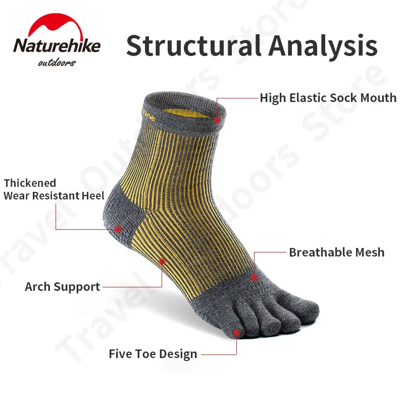 

Naturehike Сверхлегкие спортивные носки с пятью пальцами, длинные стильные дышащие утолщенные теплые шерстяные ткани для путешествий, бега, ежедневные 55 г/пара